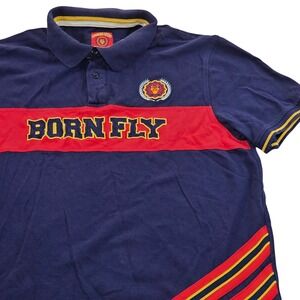 Born Fly Anytown USA Polo Shirt Short Sleeve Red Blue Gold Stripes‎ Mens XL